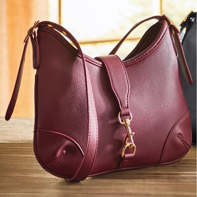 Horsebit Faux Leather Hobo, Wine, large