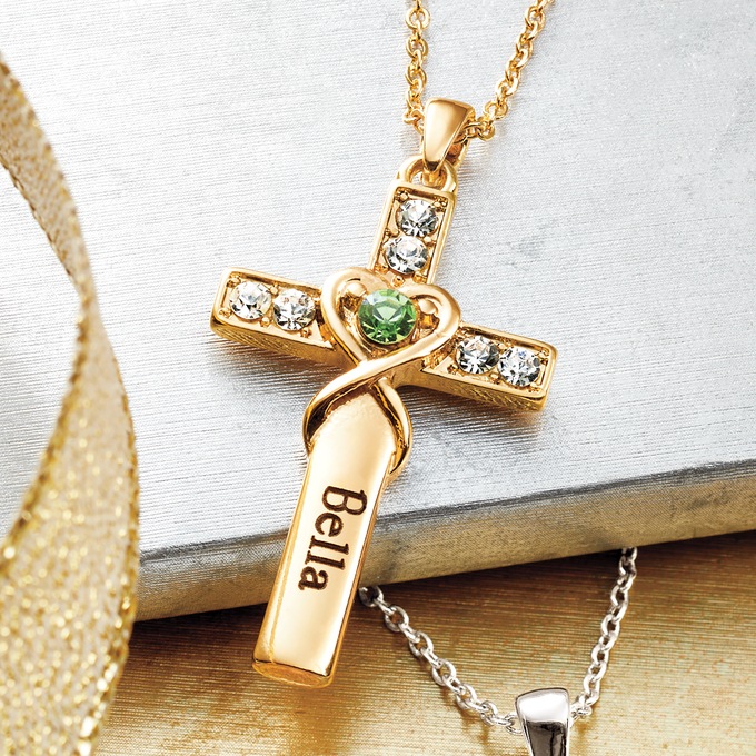 Personalized Birthstone Cross Necklace, , large