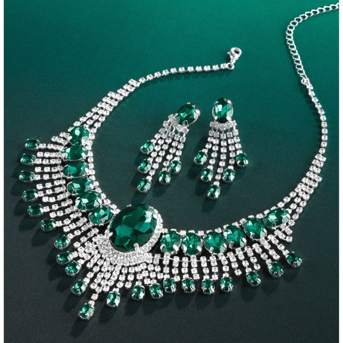 Crystal Necklace and Earring Set, Green, large