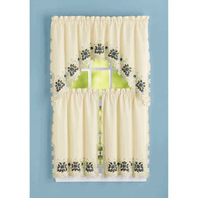 Tina Embroidered Cutwork Curtain Set, Blue, large