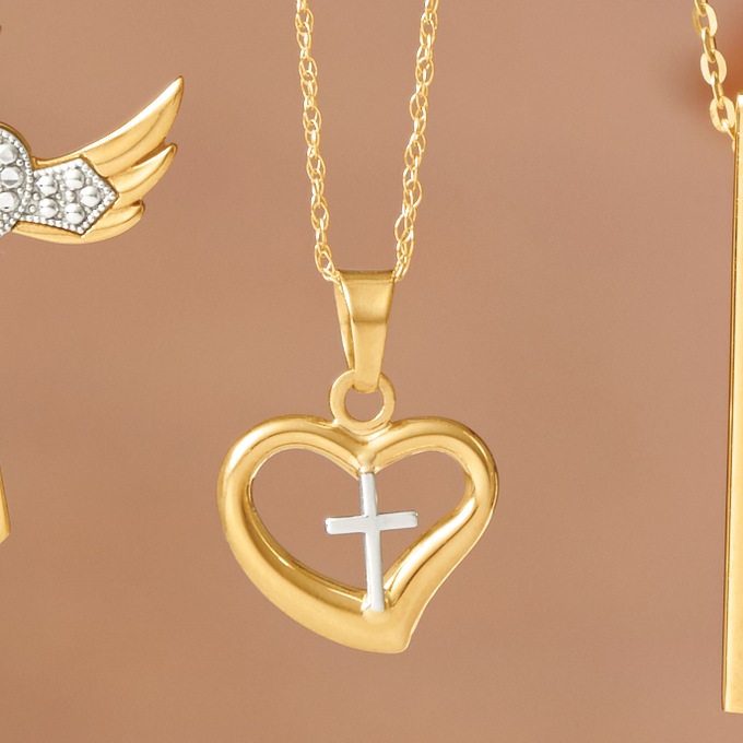 10K Two-Tone Heart/Cross Pendant, , large