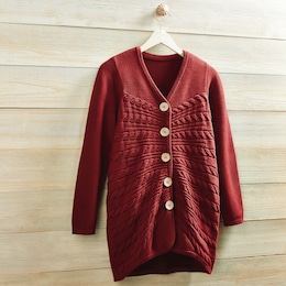 Katrina Button-Front Cardigan Sweater with Cable Knit Detail, , large