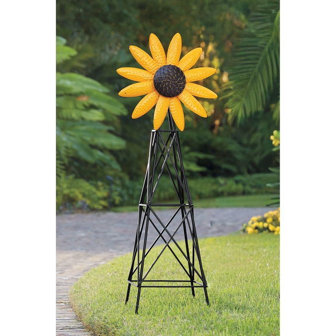 Metal Sunflower Windmill, Yellow, large
