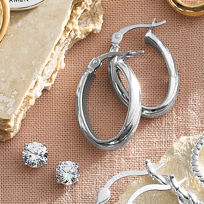 2-Pair Cubic Zirconia Stud & Oval Hoop Earring Set, , large