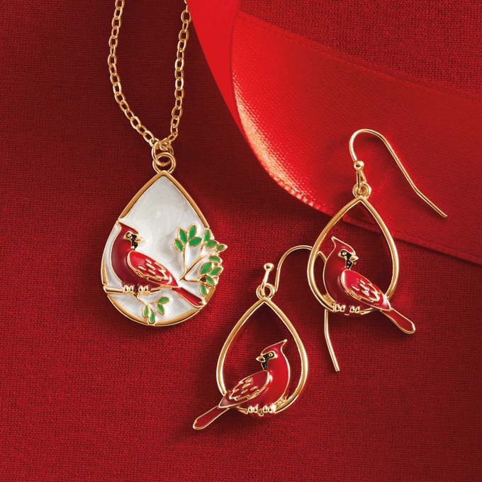 Holiday Cardinal Necklace and Earring Set, , large