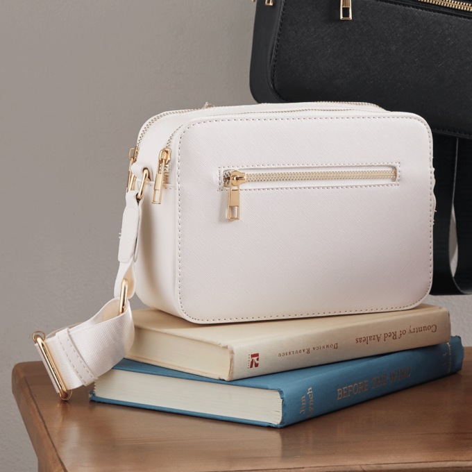 Faux Leather Square Crossbody with Zip Closures, , large