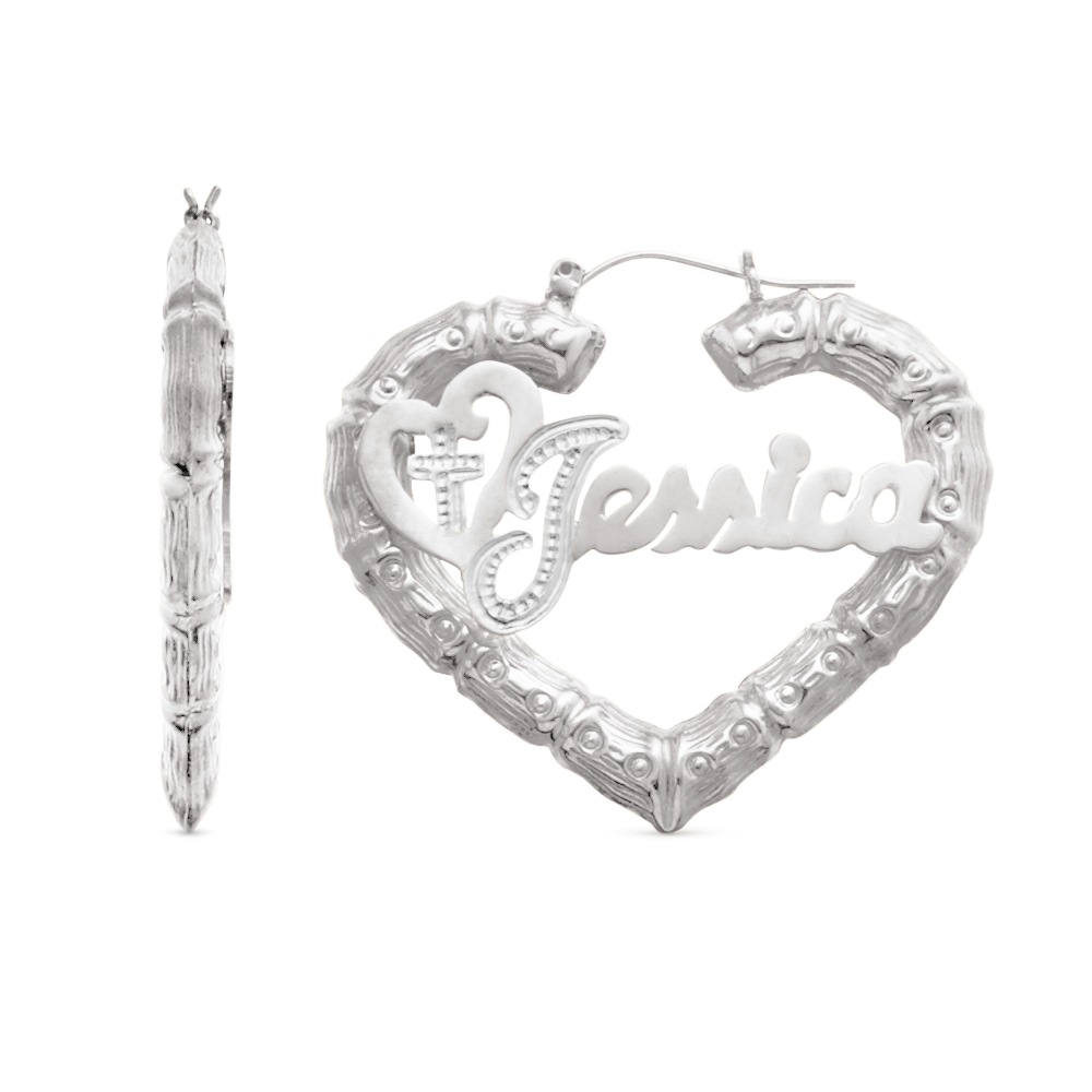 Name/Religious Heart Earrings, Sterling Silver, large