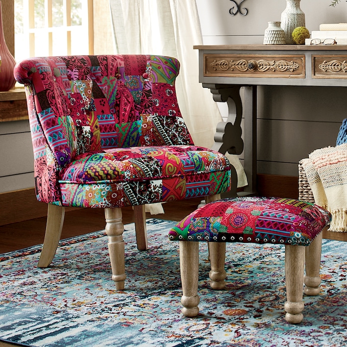 Tufted Patchwork Chair &amp; Ottoman, , large