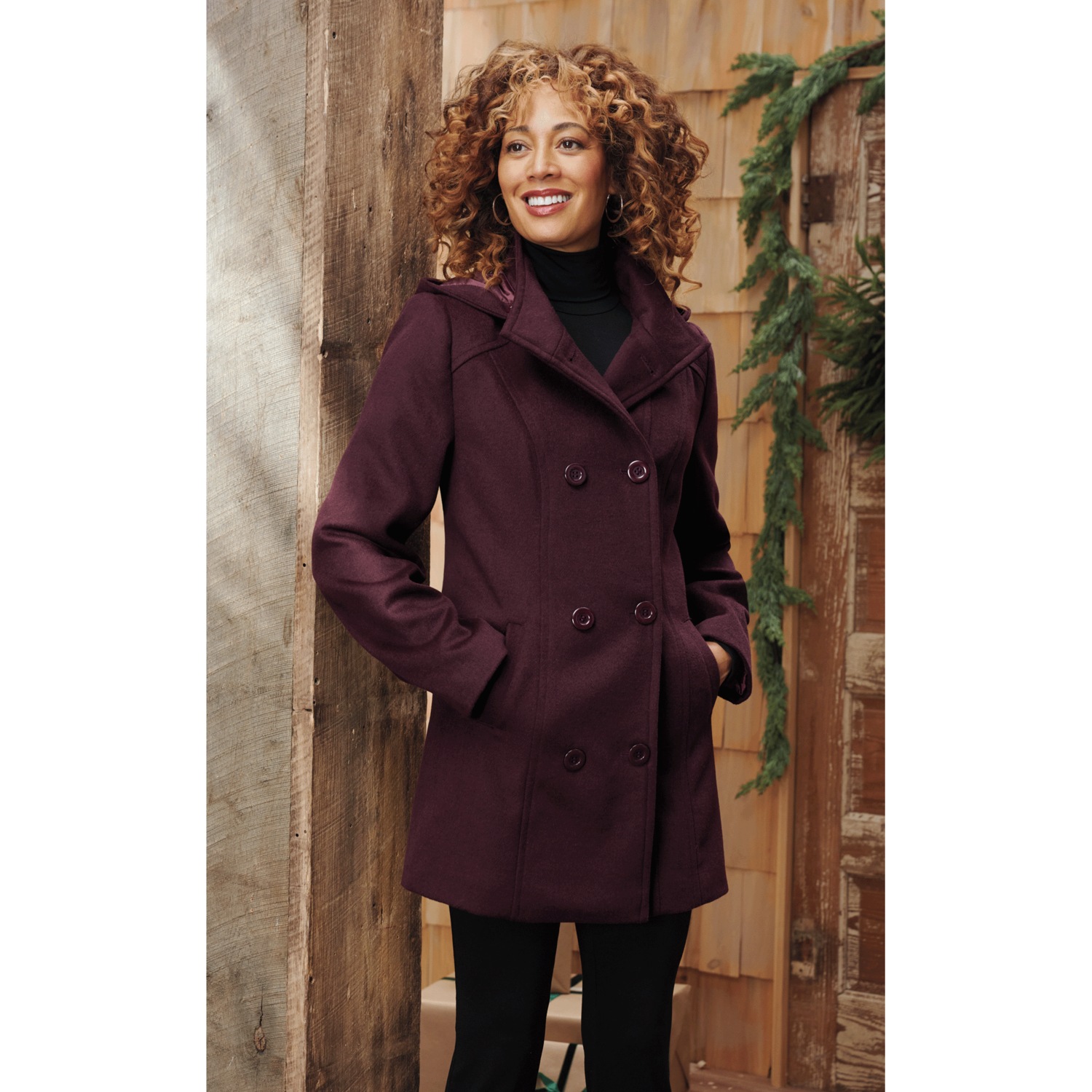 Women's Classic Mock Double-Breasted Peacoat with Removable Hood