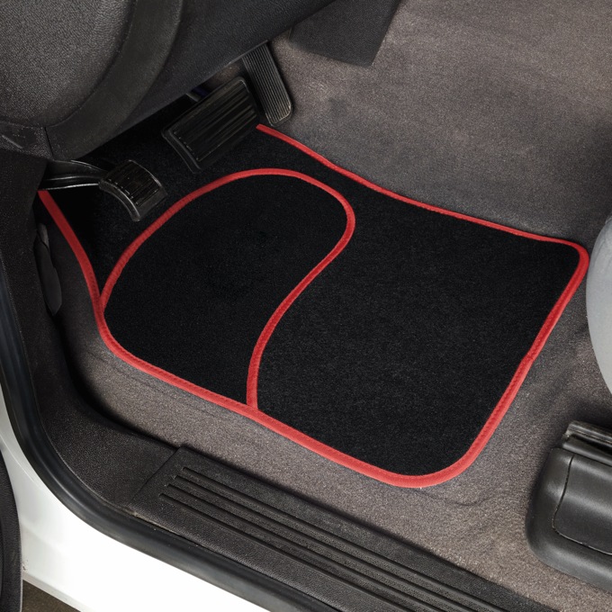 4-Piece Car Mat Set, Black with Red Trim, large