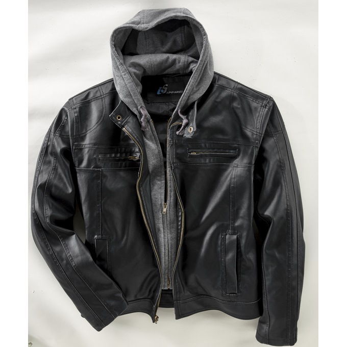 Hooded Faux-Leather Jacket, , large