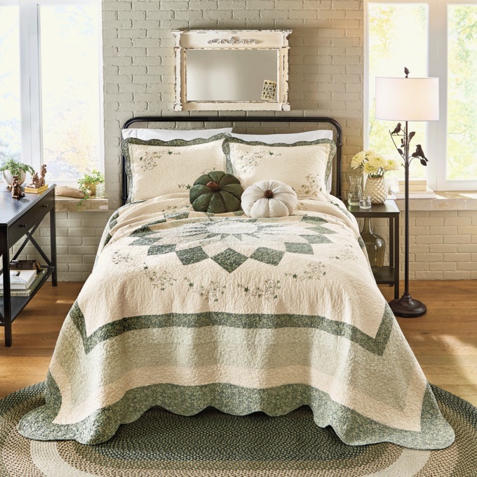Harper Embroidered Floor-Length Quilt with Scalloped Edges and Coordinating Sham, , large