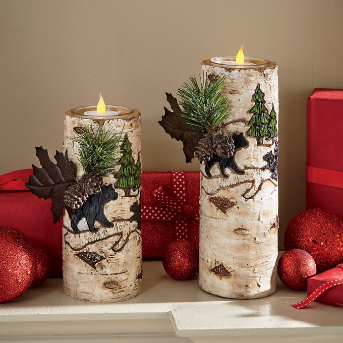 Set of 2 Resin Black Bear Birch Candleholders, , large