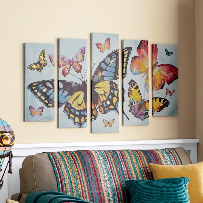 5-Piece Lit Butterfly Wall Art, , large