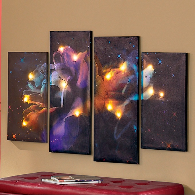 4-Piece Lit Colorful Rose Canvas Set, , large