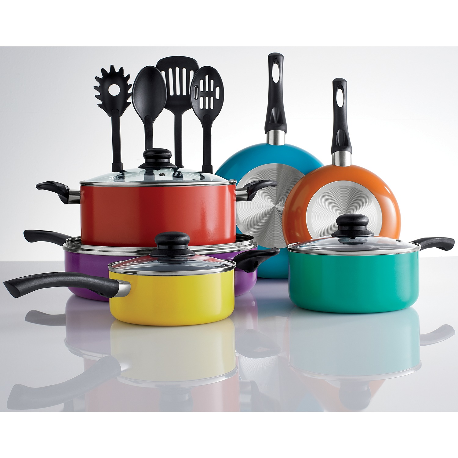 colorful pots and pans set