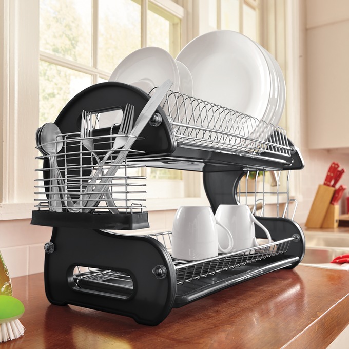 2-Tier Dish Rack, Black, large