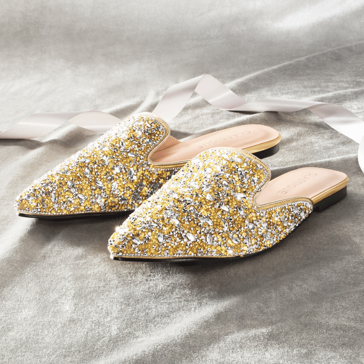 Rhinestone Satin Mule – Low Heel Slip-On Dress Shoe with Sparkling