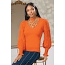Nora Ribbed Women's Sweater with Pointelle Balloon Sleeves and Mockneck, Orange, large