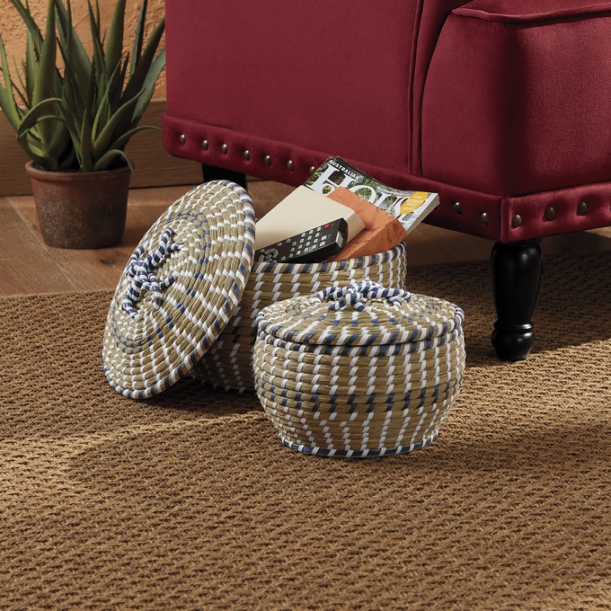 Set Of 2 Woven Striped Baskets, , large