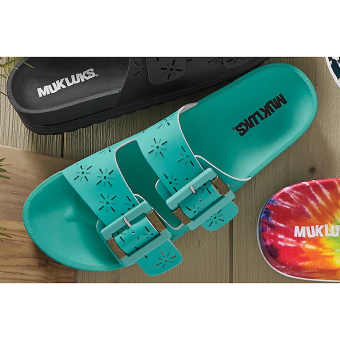 Muk Luks Grand Cayman Slide with Floral Cutouts and Arch Support, Turquoise, large