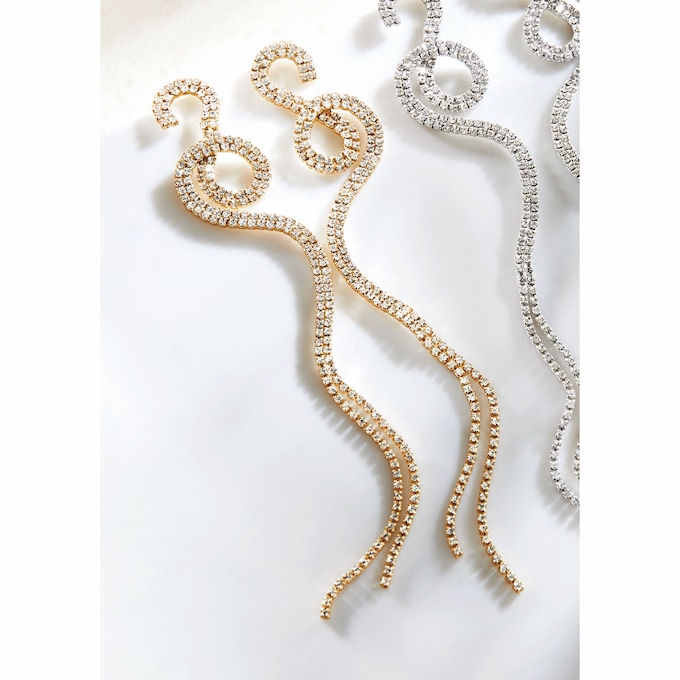 Shoulder-Length Crystal Swirl Earrings, Goldtone, large
