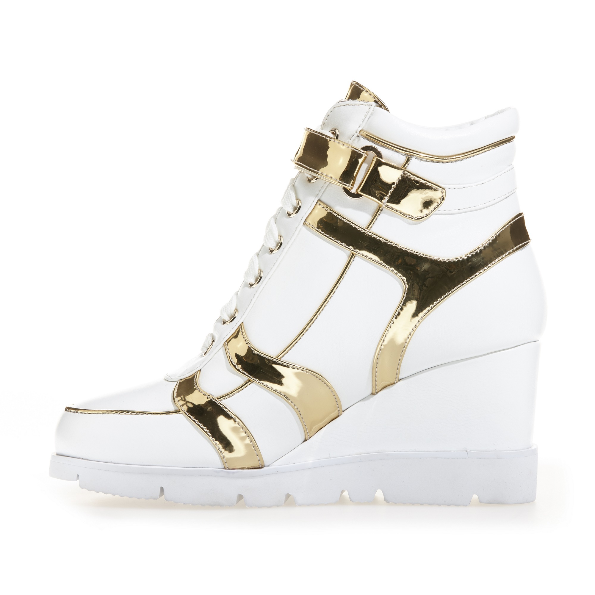 white and gold wedge sneakers