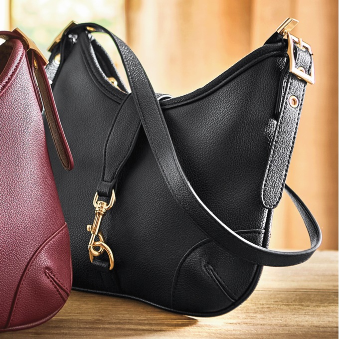 Horsebit Faux Leather Hobo, Black, large