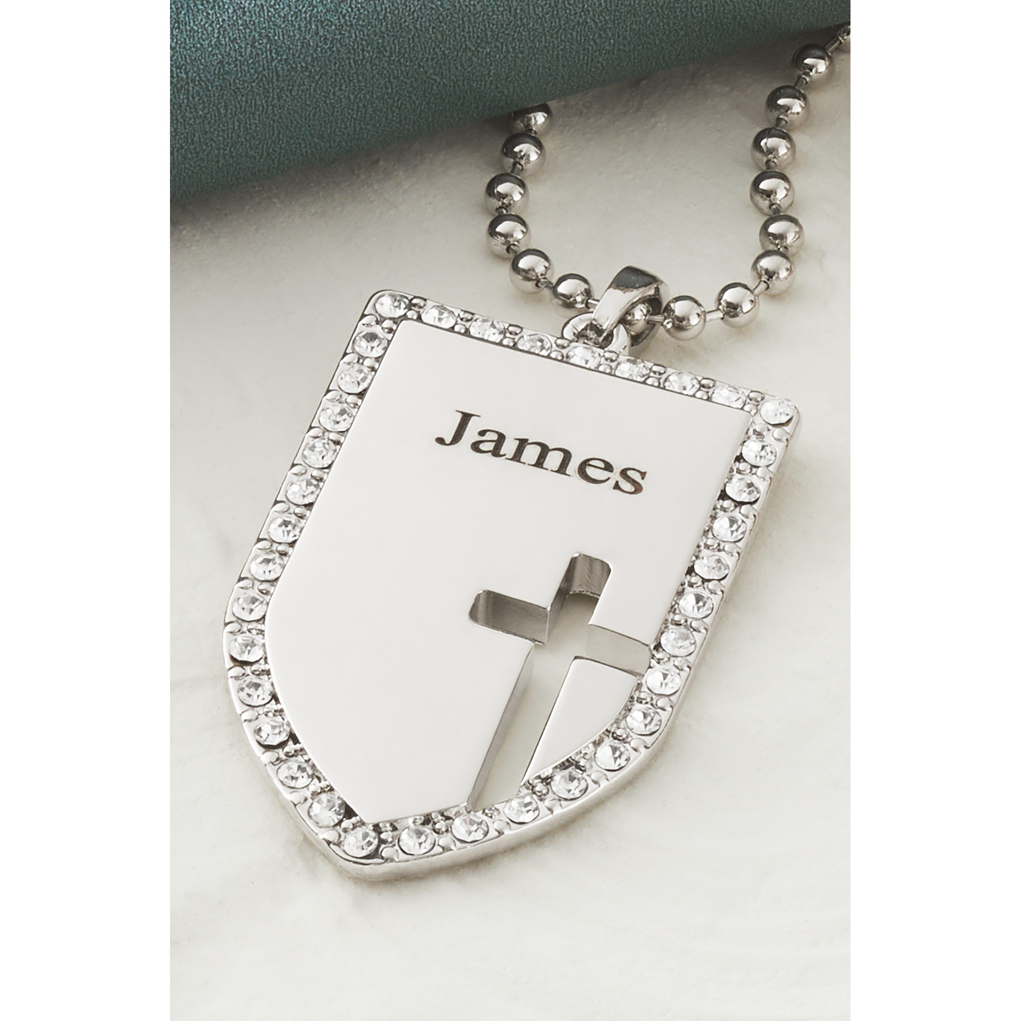 Personalized Name Shield/Cross Crystal Pendant, Silvertone, large