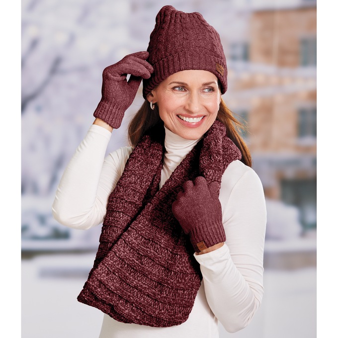 Crazy Soft Chenille Hat/Scarf/Glove Set, Wine, large