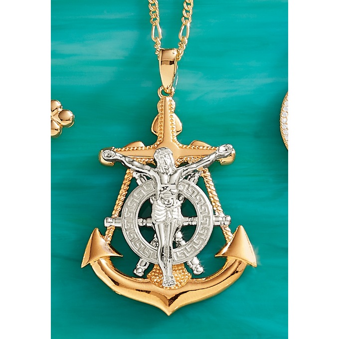 Unisex Two-Tone Anchor/Crucifix Pendant, , large
