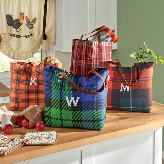 Personalized Harvest Plaid Tote, Red Green, large