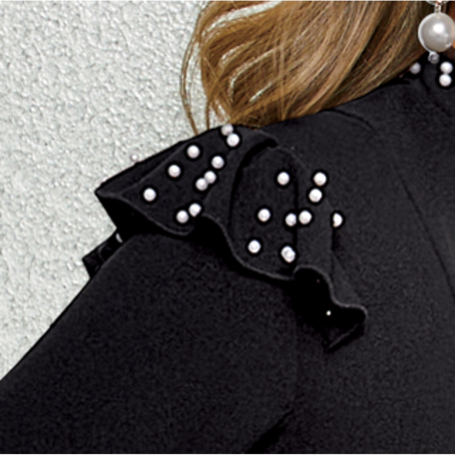 Cydnee Stretch-Crepe Jacket with Shoulder Ruffle and Faux-Pearl