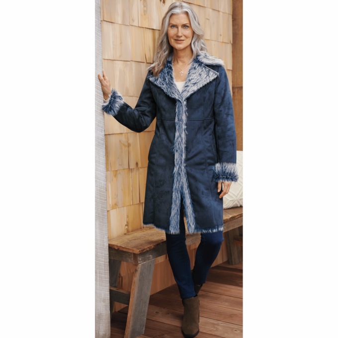 Faux-Suede Coat with Faux-Fur Trim, , large