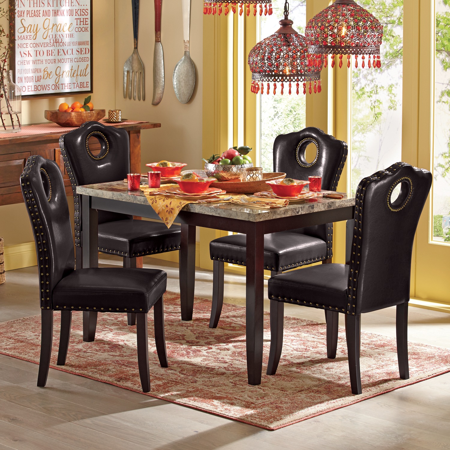 Marble Look Dining Table And Nailhead Chairs Seventh Avenue