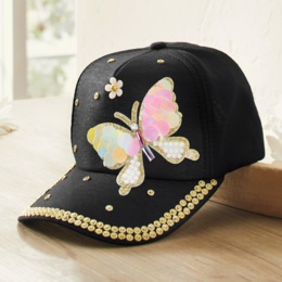 Embellished Butterfly Ball Cap with Studs and Sequins, , large
