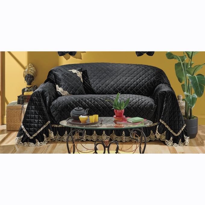 Quilted Velvet Furniture Throw, Black Gold, large