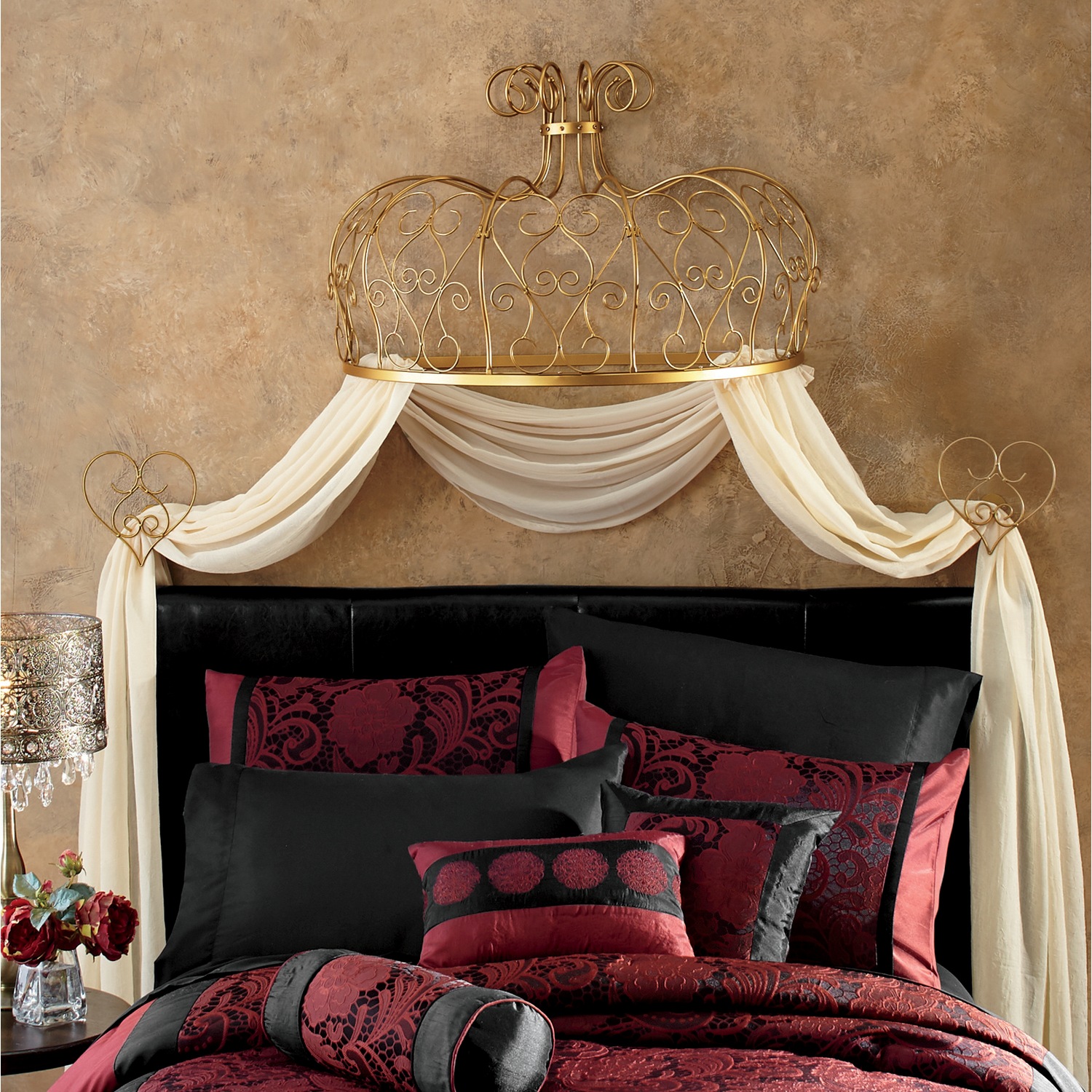Gold Scroll Bed Crown with Tiebacks Seventh Avenue