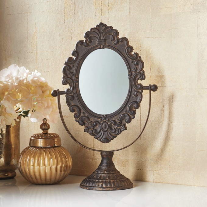 Bella Vintage Floral Swiveling Tabletop Mirror, Black, large