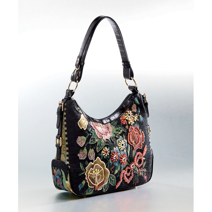 Floral Embroidered Satchel, , large