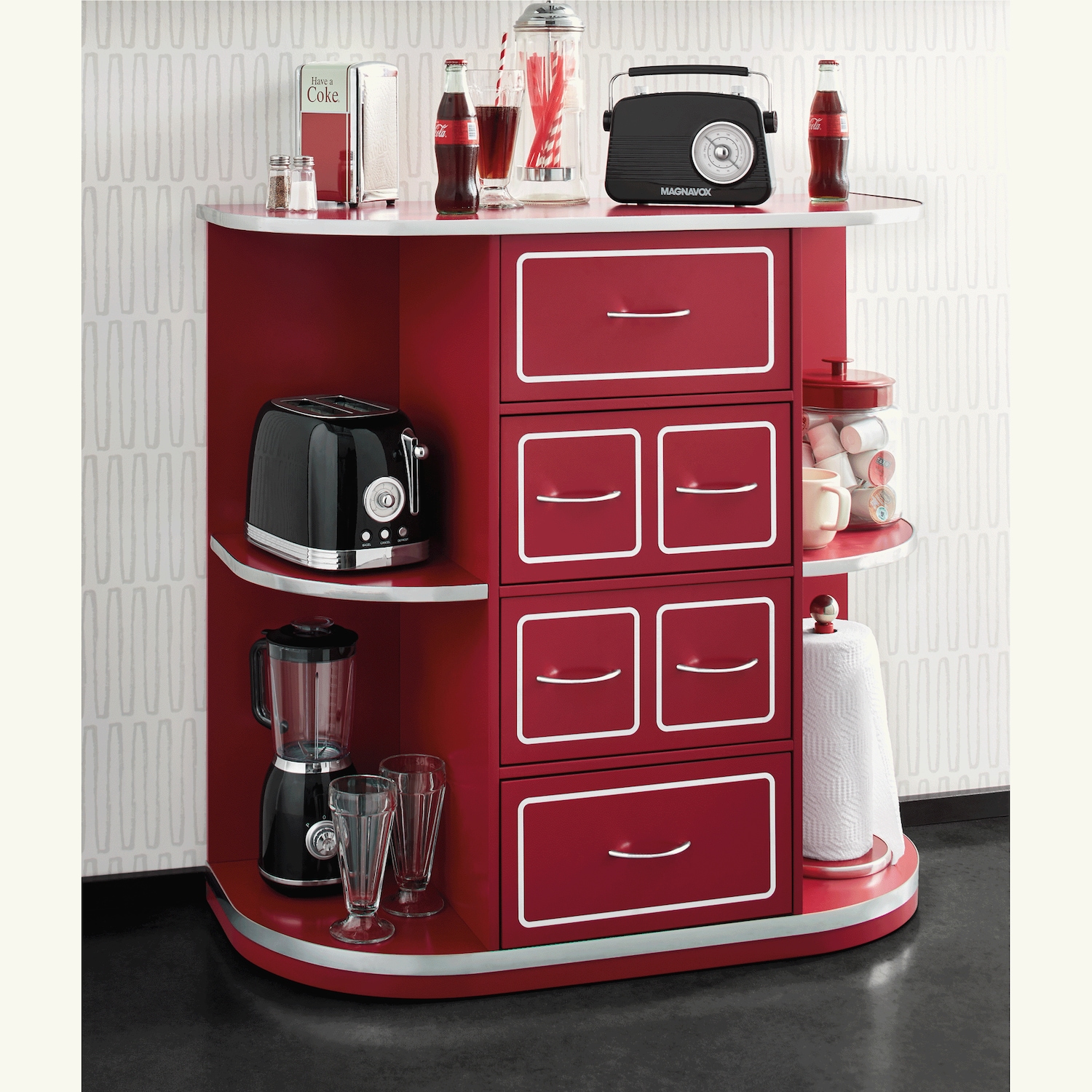 家具 sweetback Retro Red Kitchen Cabinet with Chrome Accents | Seventh Avenue