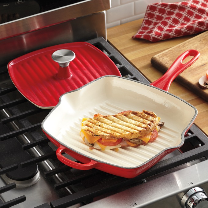 Enameled Cast Iron Grill Pan with Press, , large