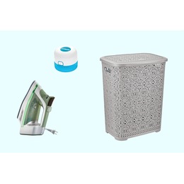 Hamilton Beach Durathon Digital Nonstick Iron, Conair Fabric Shaver, and Lacy Laundry Hamper, , large