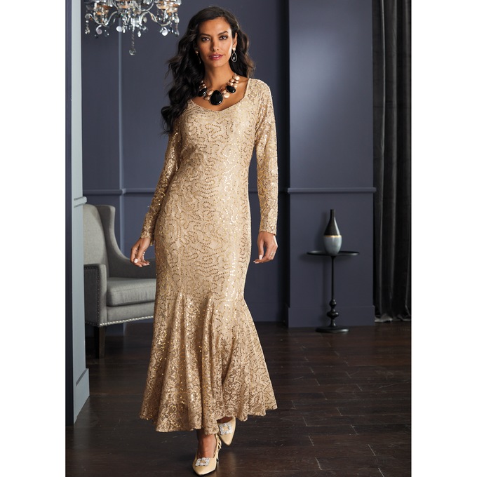 Sylvie Sequin Lace Gown with Long Sleeves, , large