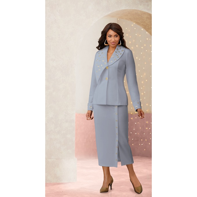Briella Grommet Trim Skirt Suit, Gray, large