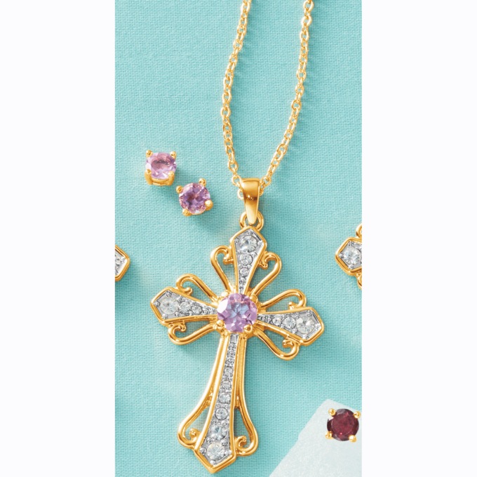 Gemstone Cross Pendant/Earrings Set, , large