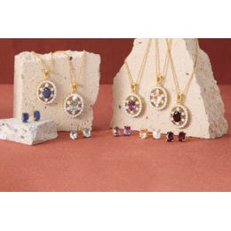 Gemstone Oval Frame Necklace &amp; Earring Set, , large