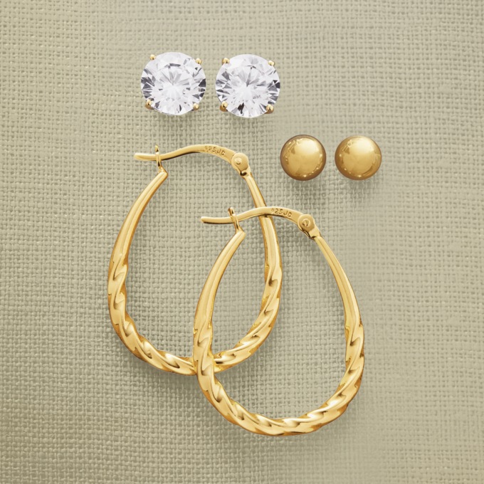 3-Pair Hoop and Stud Earring Set, Gold over Sterling Silver, large