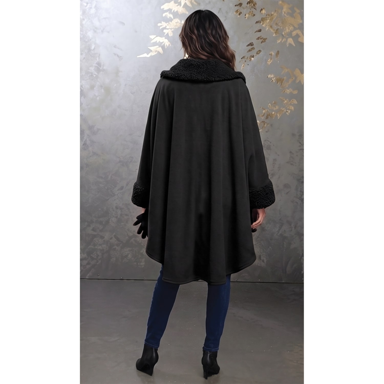 Sherpa-Trimmed Matching Fleece Cape with Gloves | Seventh Avenue