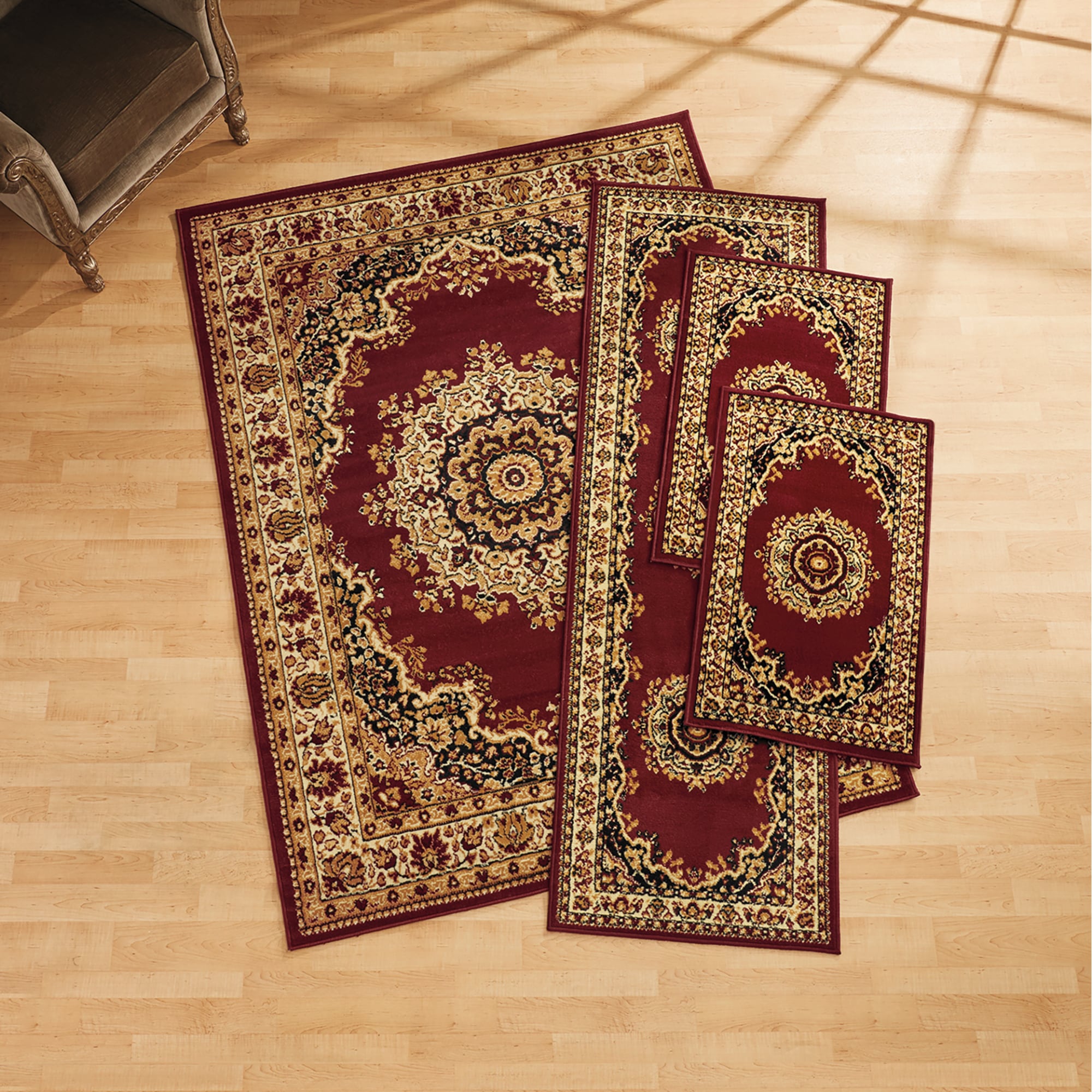 4-Piece Plush Floral Kirman Rug Set with Runner and Mats | Seventh